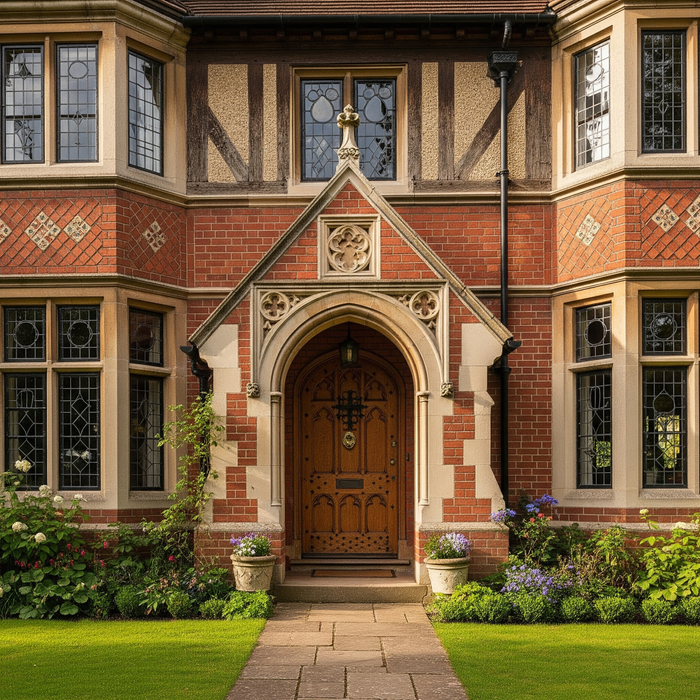 Detailed view of the historic architectural features on the front of a Tudor-style home in Hancock Park. A Guide to Buying a Home in Hancock Park2.jpeg