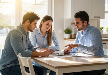 Young couple meets with advisor at kitchen table