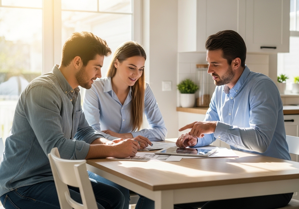 Young couple meets with advisor at kitchen table