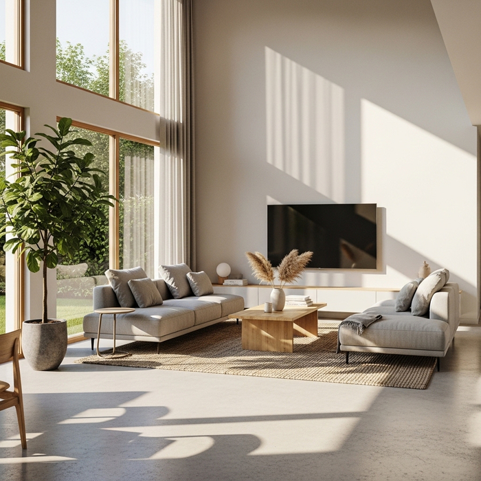 Sun-drenched modern living room interior highlighting natural light and orientation. Sun-drenched modern living room interior highlighting natural light and orientation.