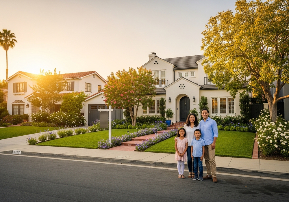 Happy family in front of their new home
