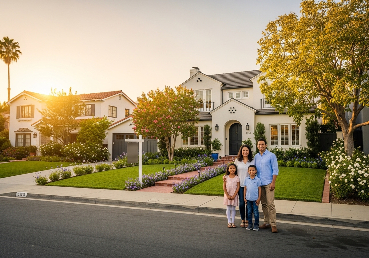 Happy family in front of their new home
