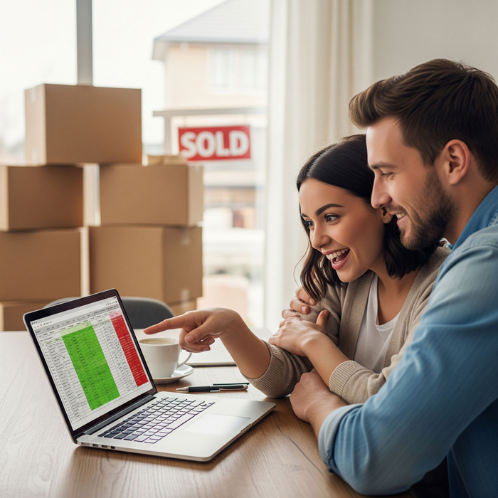 A couple excitedly looking at a budget spreadsheet on a laptop after buying a home. A couple excitedly looking at a budget spreadsheet on a laptop after buying a home.