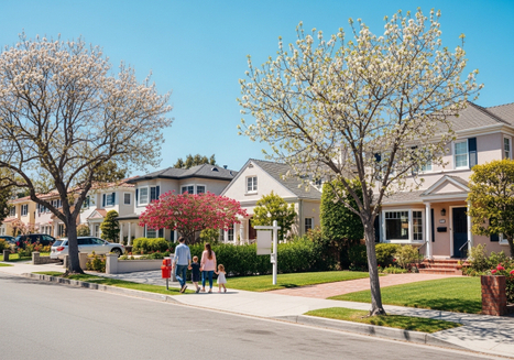 Family walking down a suburban street in springtime