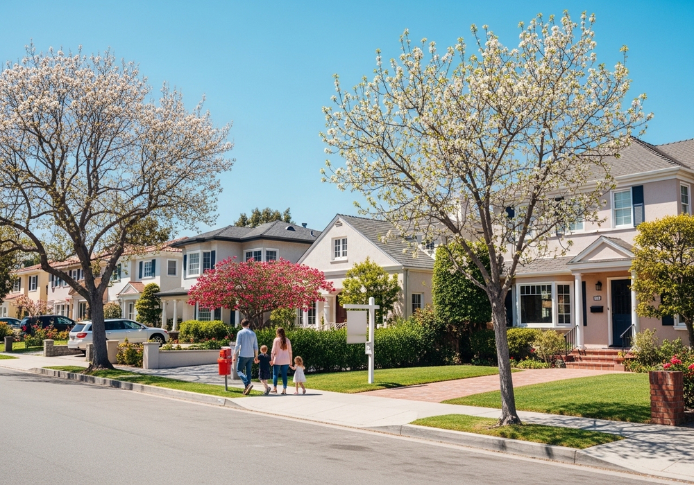 Family walking down a suburban street in springtime