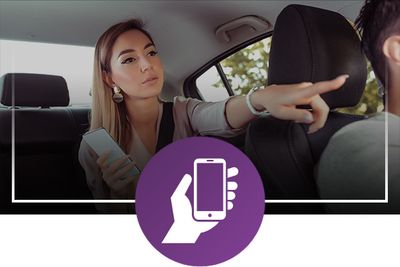 passenger pointing direction to driver, phone icon