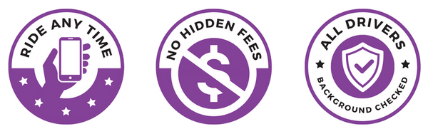 badges: ride any time, no hidden fees, all drivers background checked