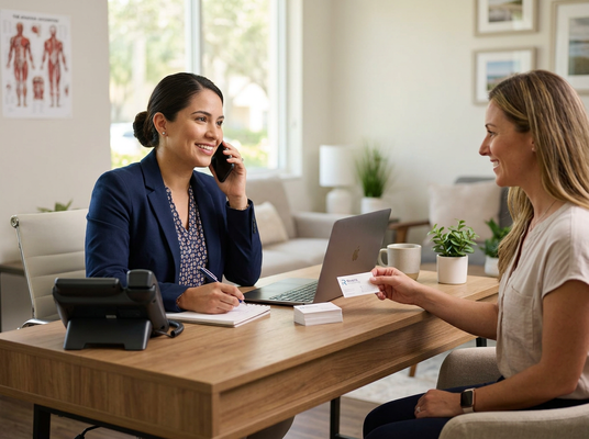 Professional Woman on Phone Receiving Business Card