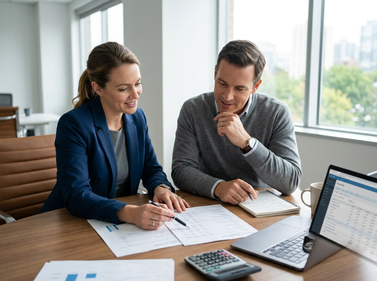 Two business professionals reviewing documents at a desk