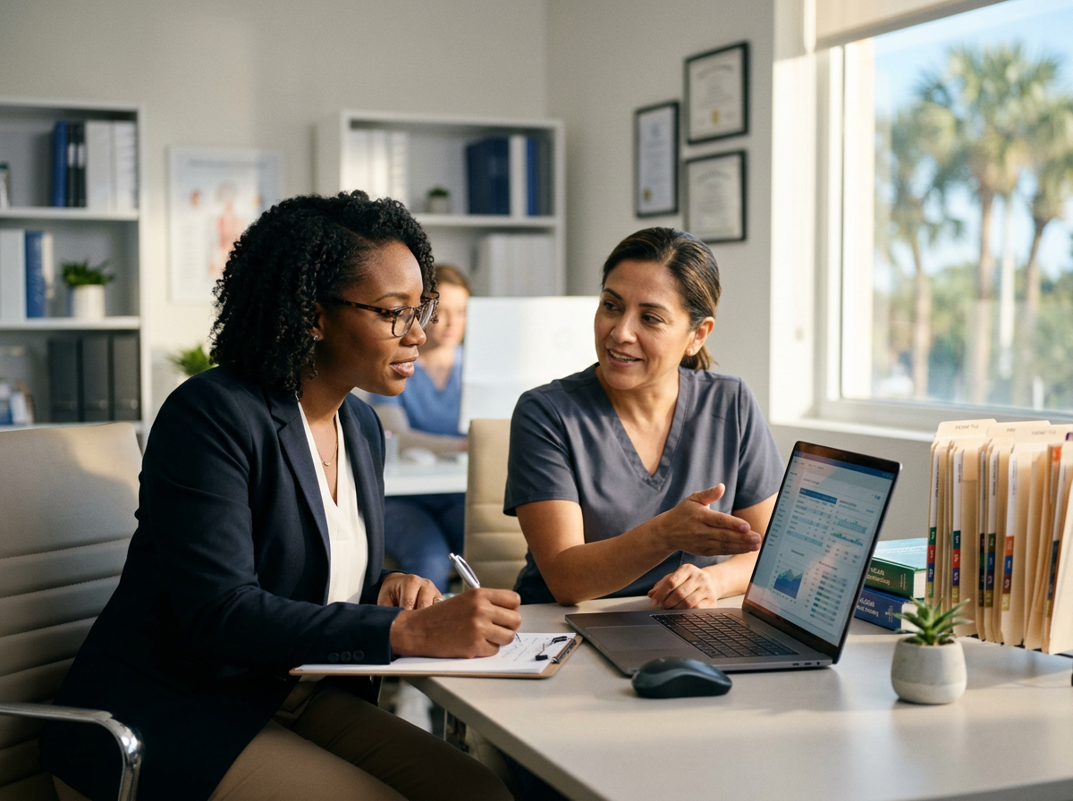 Two women collaborating in a professional office setting