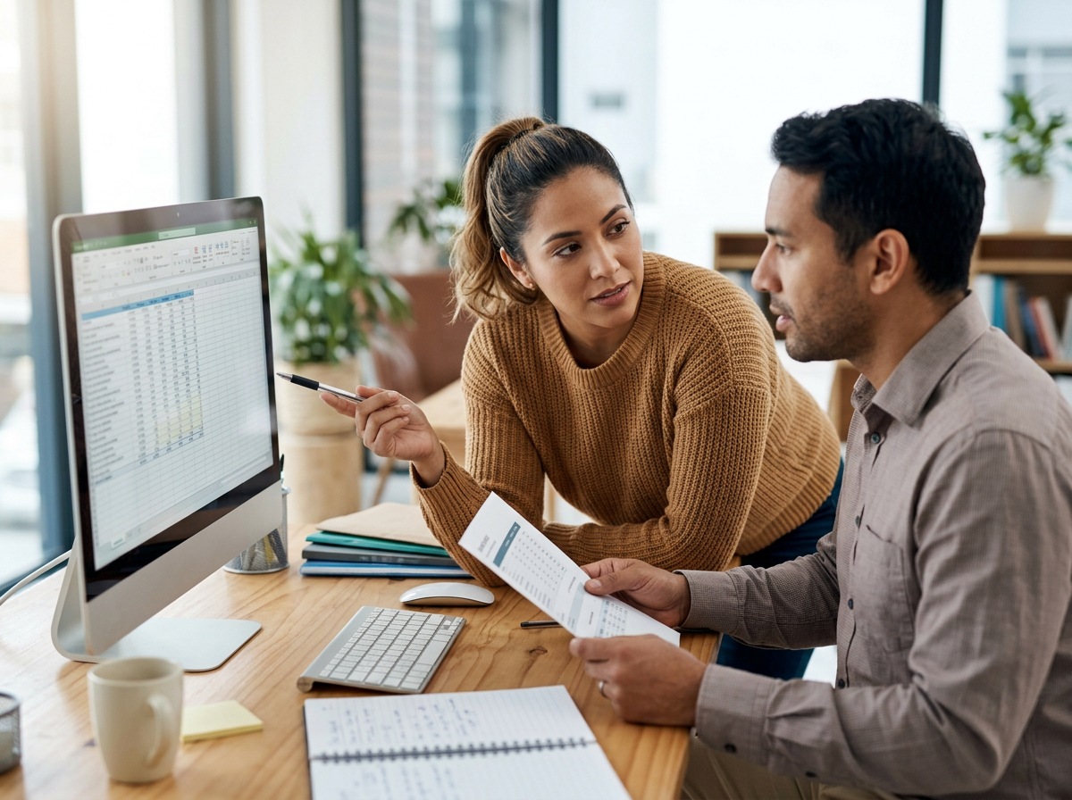 Two business professionals collaborating on a spreadsheet