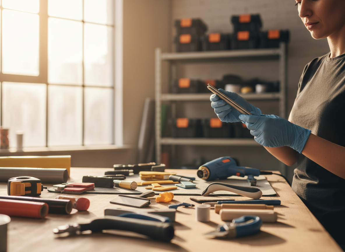 A person wearing blue gloves holds a small metallic tool, surrounded by various crafting supplies on a workbench in a bright workshop. Craftsperson examining a tool in a workshop