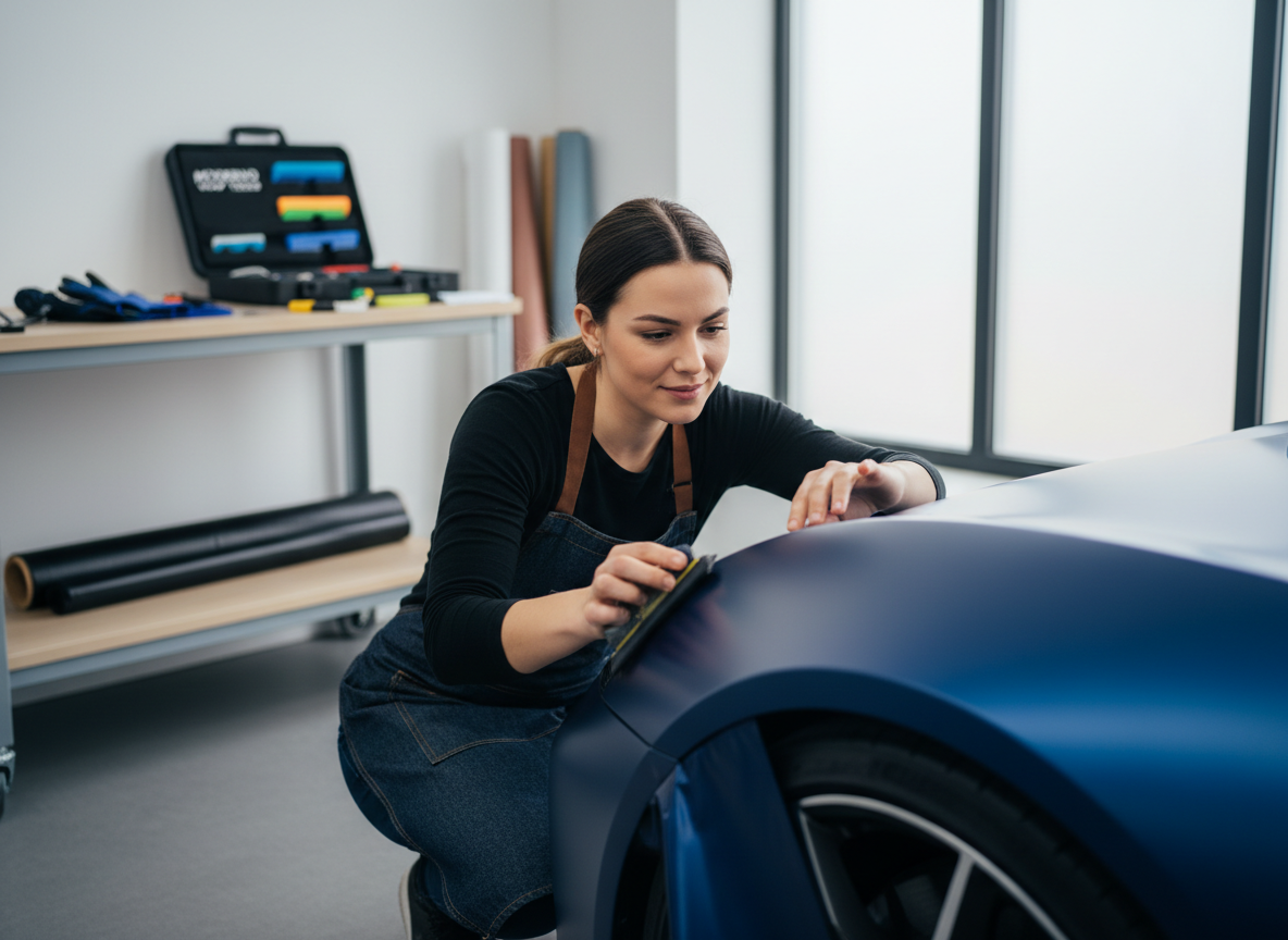 Woman applying blue car wrap to vehicle