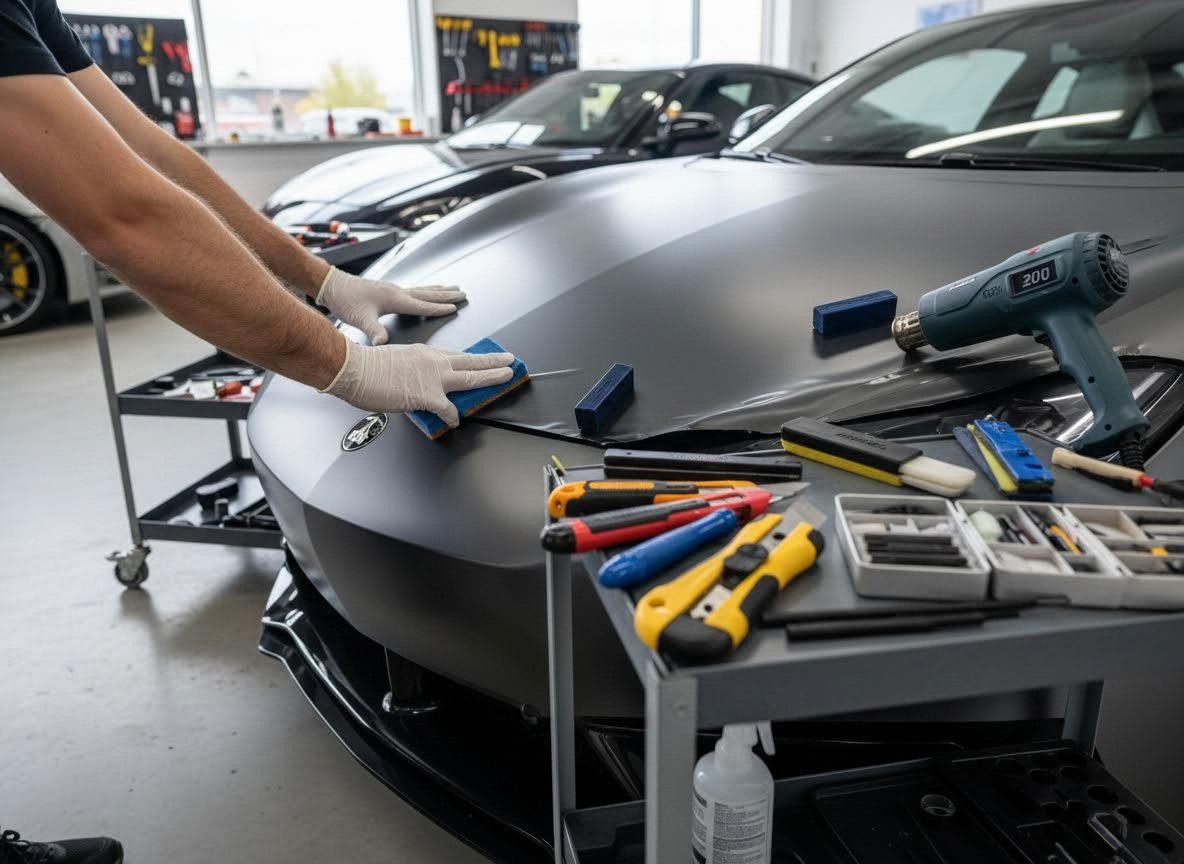 Technician applying matte car wrap to a vehicle hood