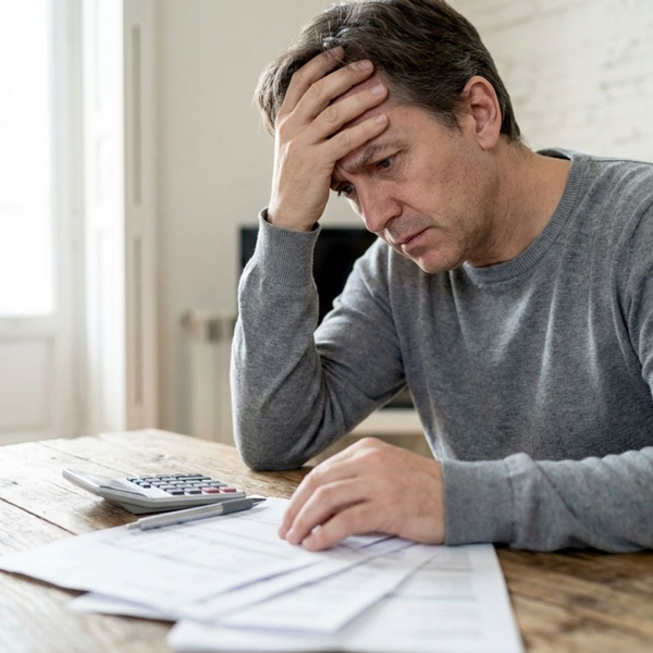 A worried person reviews financial documents and a calculator at a table.