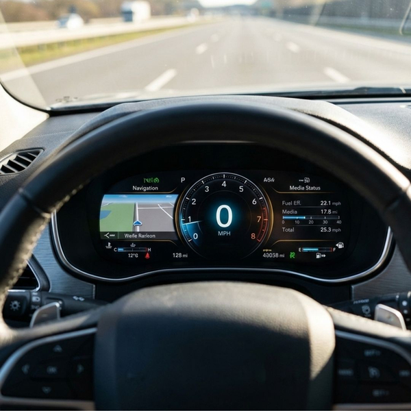 A close-up of a modern digital car dashboard and speedometer showing zero mph.
