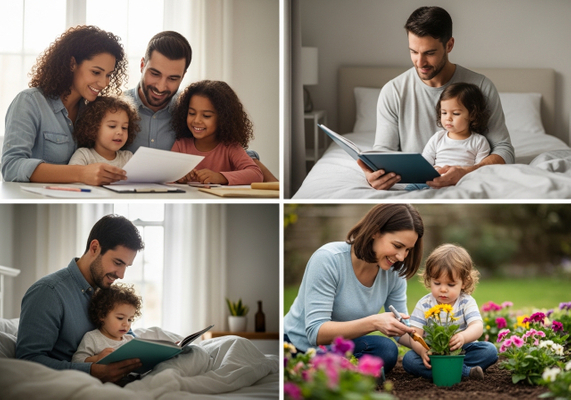 This image is a collage of parents spending quality time with their children. The first image shows a mother and father sitting at a table with their two daughters, reviewing a document together. The second and third images feature a father reading a book to his young child while sitting in bed. The fourth image shows a mother and her child planting flowers in a garden. Each scene depicts loving and engaging moments between parents and their children, emphasizing the importance of family time and activities. Collage of parents spending time with their children