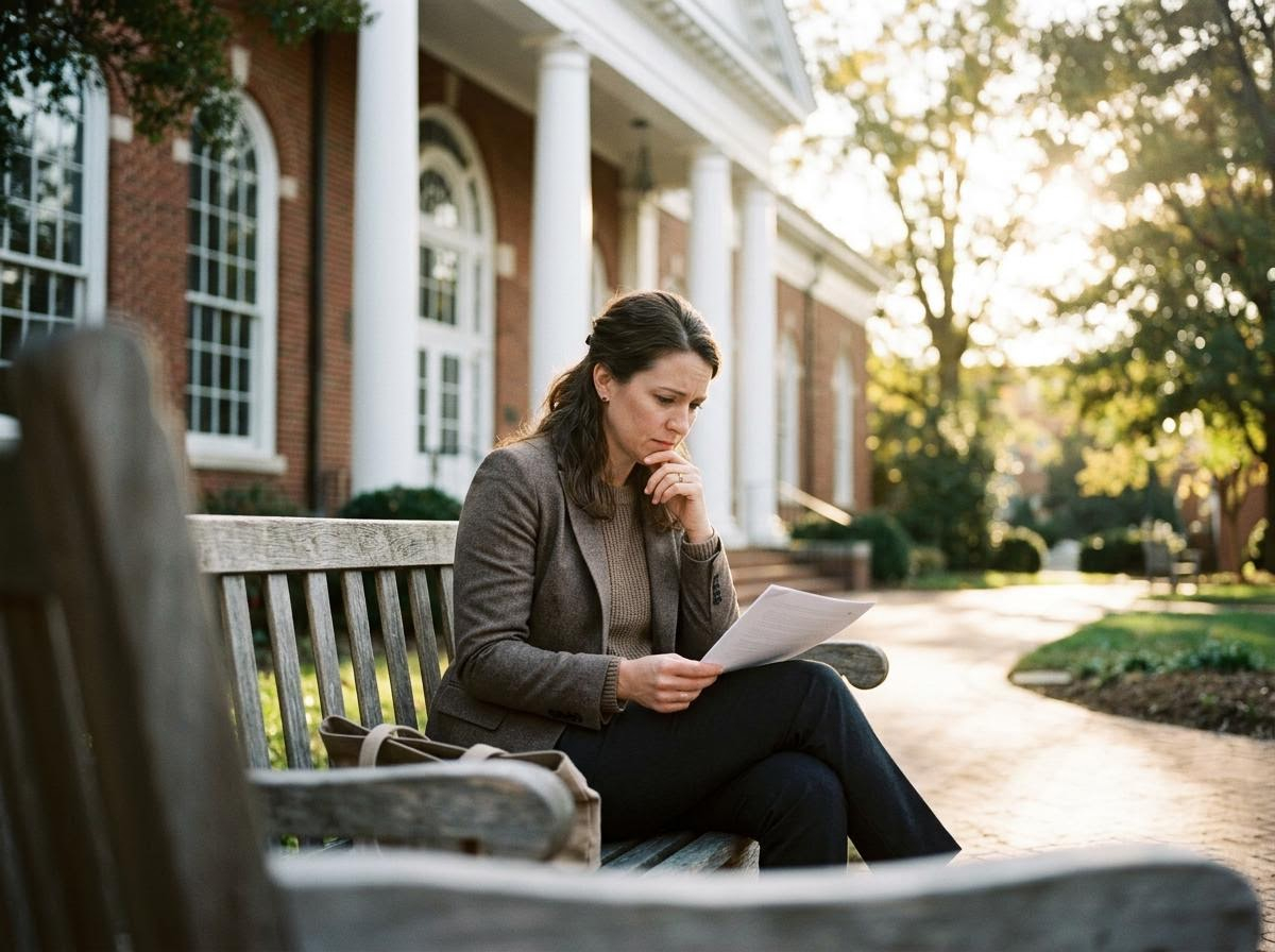 Woman thoughtfully reading documents on a bench