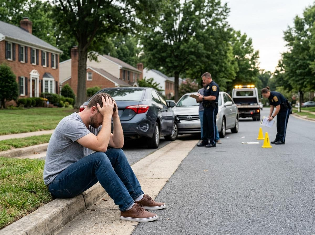 Distraught man at car accident scene with police investigation