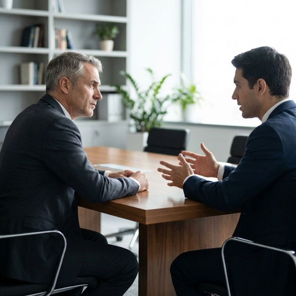 Two men engaged in a focused, serious conversation across a table.