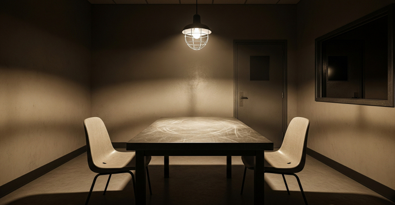 An empty police interrogation room with a table and two chairs, lit by a single overhead light.