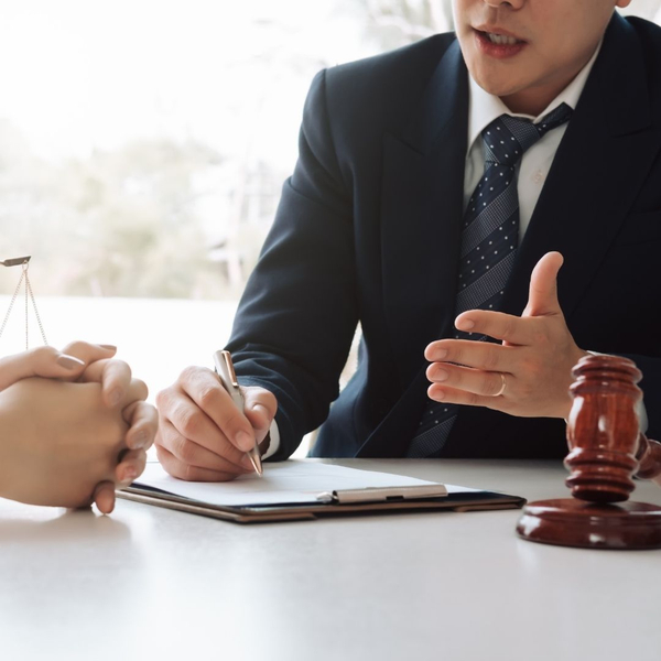 A lawyer in a suit and tie advises a client while pointing to a document on a clipboard.