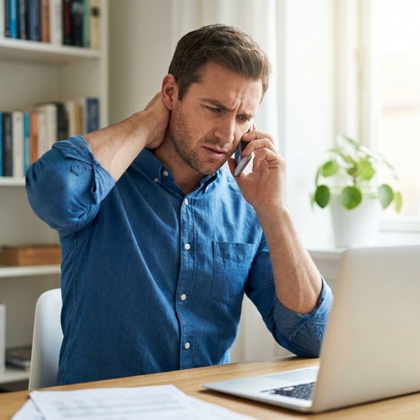 An individual looks stressed while on a phone call at a desk in a home office.