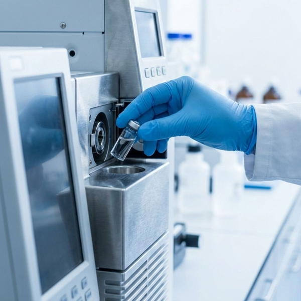 A gloved hand placing a sample vial into analytical equipment in a science laboratory.