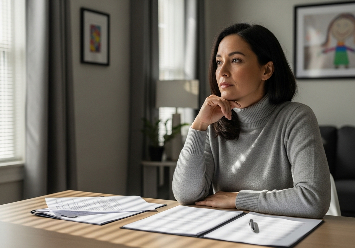 Thoughtful Woman at Desk with Documents