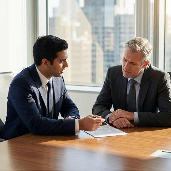 An attorney and a client having a serious discussion over documents in a modern office.