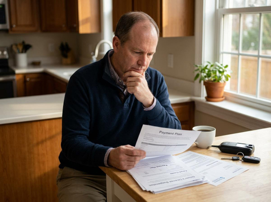 Man reviewing payment plan and driver's license suspension documents