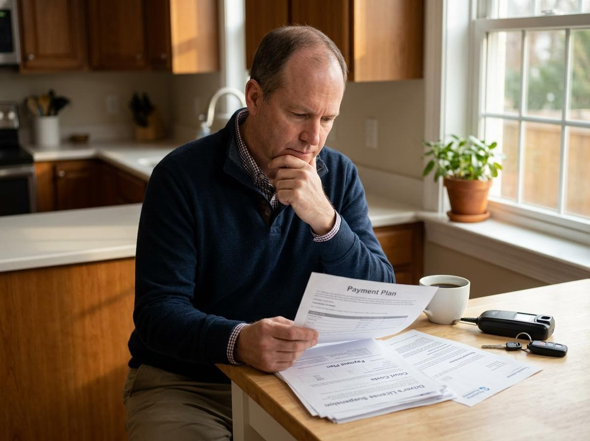 Man reviewing payment plan and driver's license suspension documents