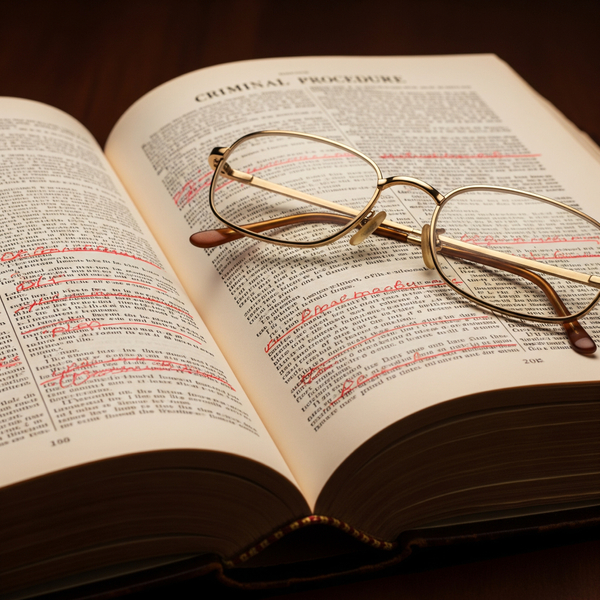 An open law book focused on criminal procedure with reading glasses resting on it, indicating diligent research. blog 2 4.jpeg