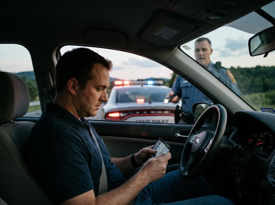 A driver in a car looks at his phone and ID as a state police officer with a flashlight stands outside, his patrol car with lights flashing behind. Traffic Stop with Police Officer and Driver