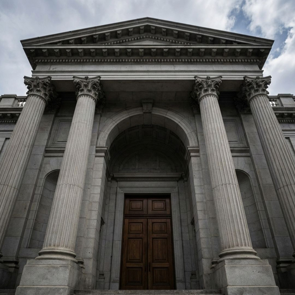 The exterior entrance of a large formal courthouse building with stone columns.