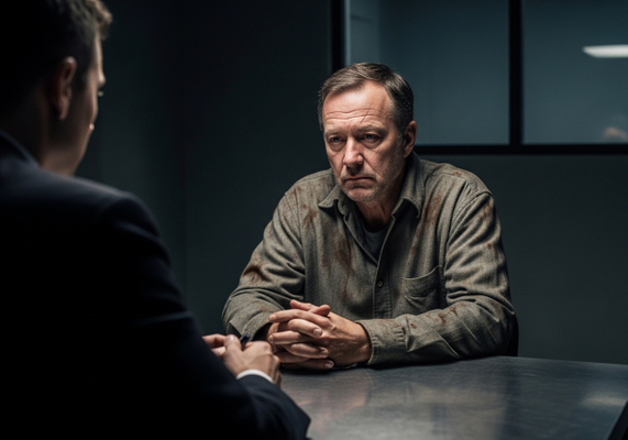 a person who is currently in jail speaking with their attorney in a meeting room