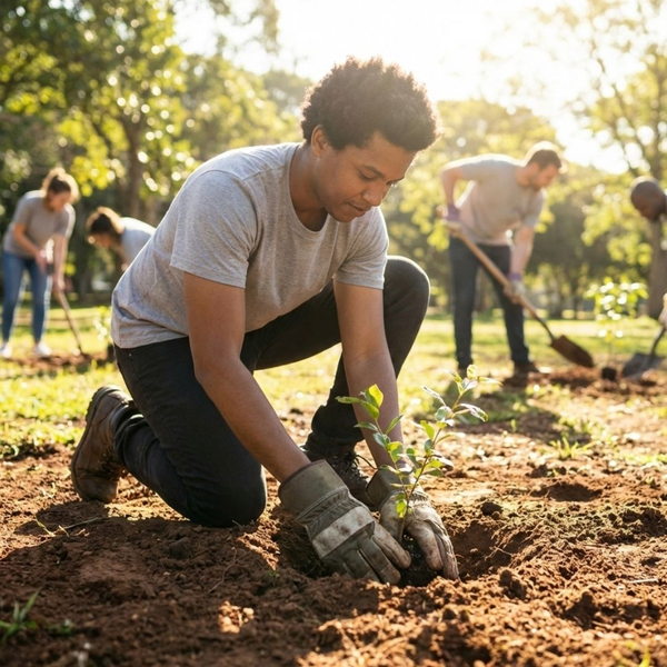 A person planting a small tree sapling outdoors as part of a community project.