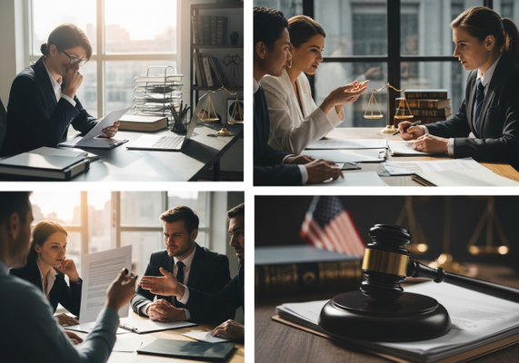 A collage of images depicting lawyers in deep consultation, symbolizing legal expertise, negotiation, and justice, with scales of justice and a gavel included. Lawyers in Consultation