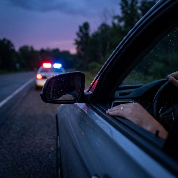 A view from inside a car showing police lights in the side mirror during a traffic stop.