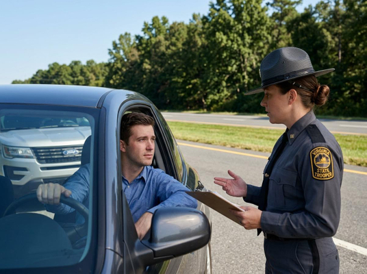 A Virginia State Trooper speaks to a male driver in a car on the roadside. She holds a clipboard, discussing a traffic stop. Virginia State Trooper Traffic Stop