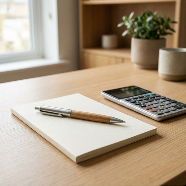 An organized desk surface featuring a pen, notebook, and calculator for financial planning.