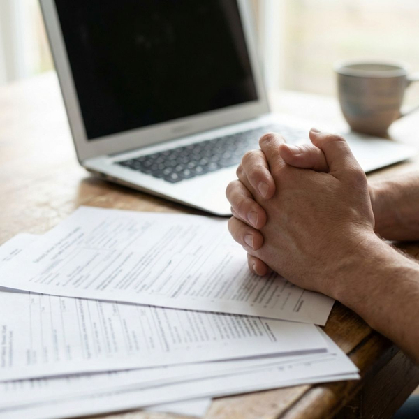 Close-up of nervous hands resting on a stack of business documents on a desk.