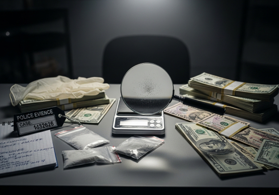Close up shot of a table full of items displayed as evidence with stacks of cash, plastic bags with powder inside, a notebook, a magnifying glass, a scale, and rubber gloves. Evidence Display