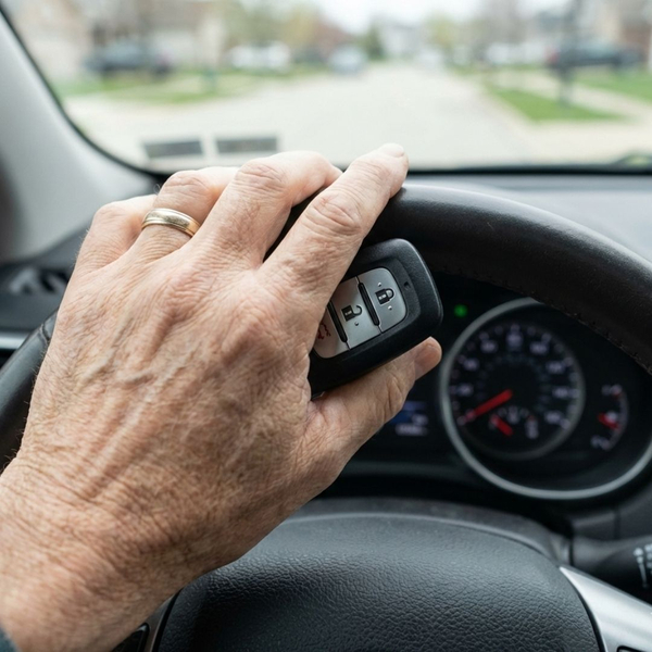 A close-up shot of a hand holding a car key fob against a steering wheel.
