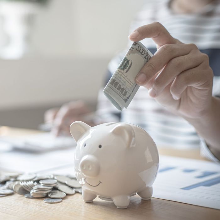 a person putting money in a piggy bank