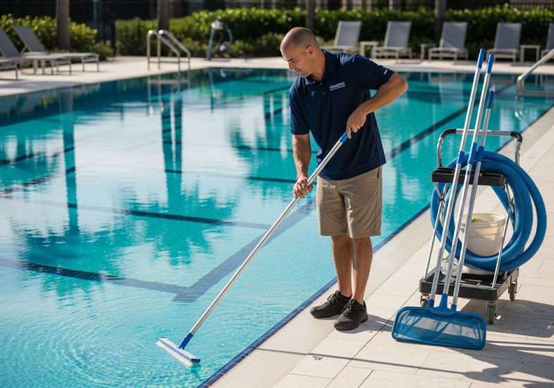 Profissional a realizar a manutenção de uma piscina