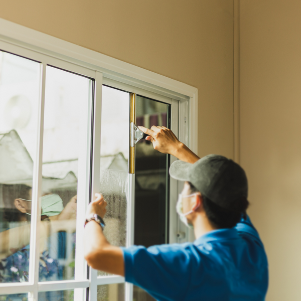 Worker installing a window