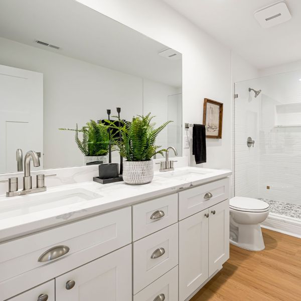 new white b athroom cabinets, light wood floor