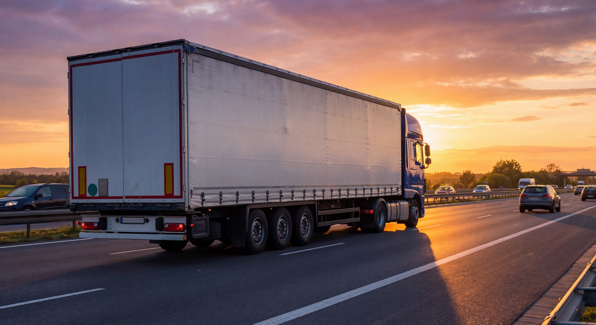 semi truck driving on a road at sunset