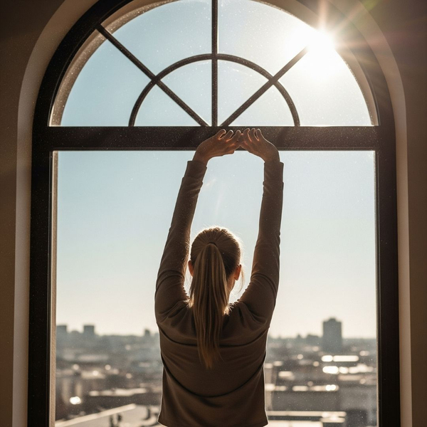 person stretching while looking out a bright window, feeling refreshed and optimistic